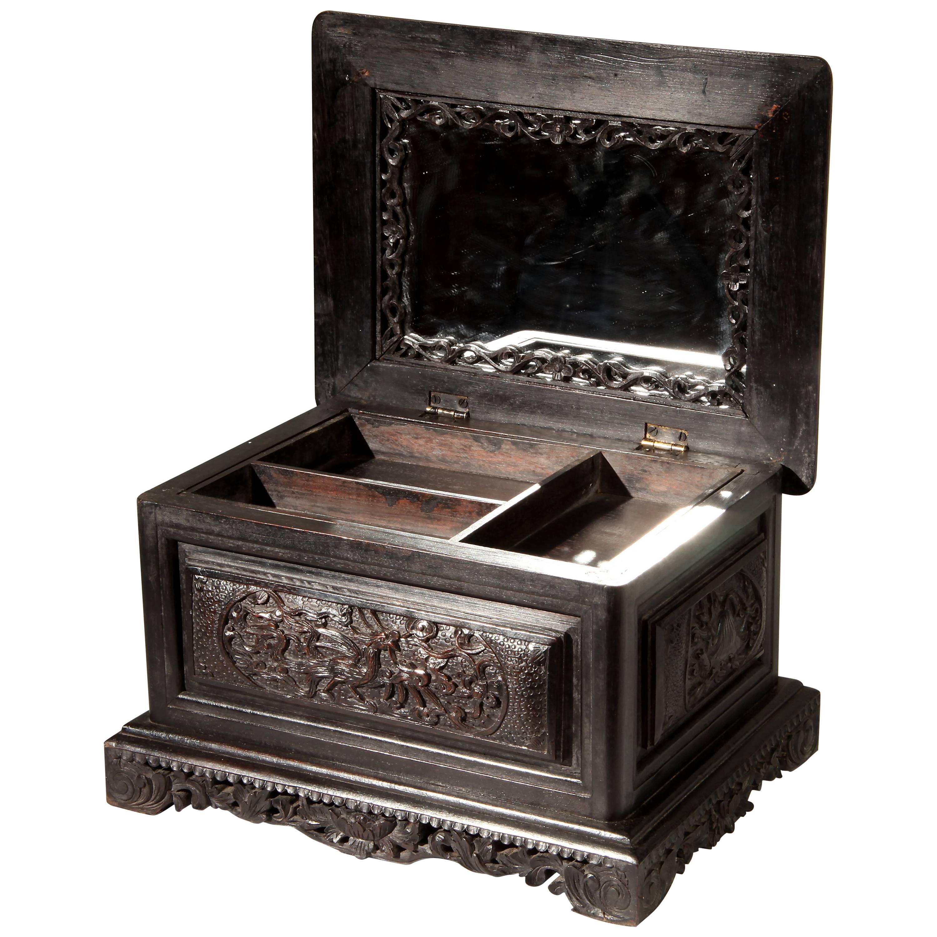 Carved Jewelry Box with Mirror and Storage