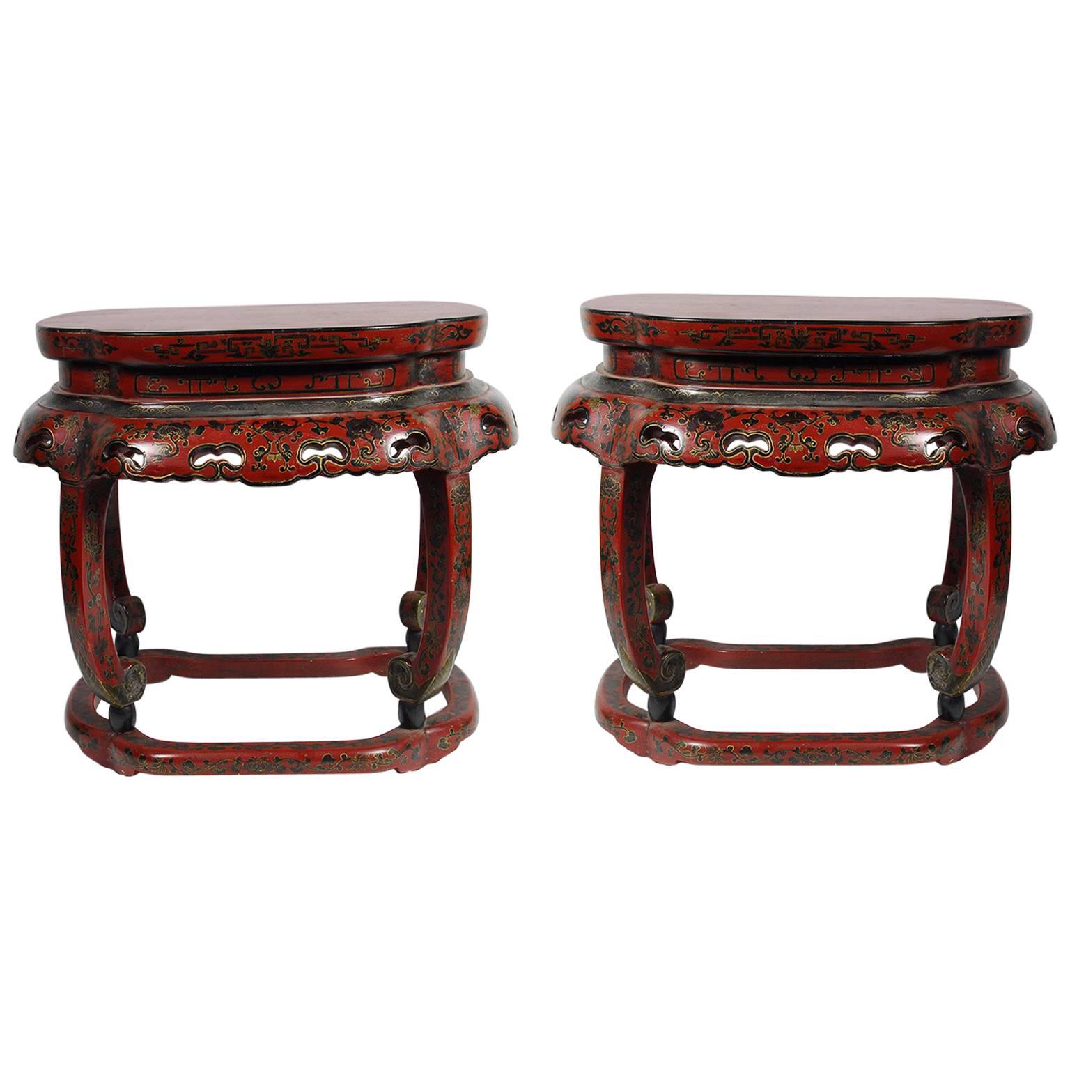Antique Pair of Chinese Red and Black Lacquer Side Tables For Sale
