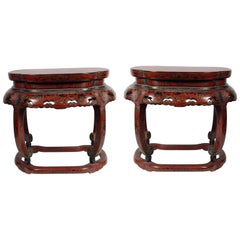 Antique Pair of Chinese Red and Black Lacquer Side Tables