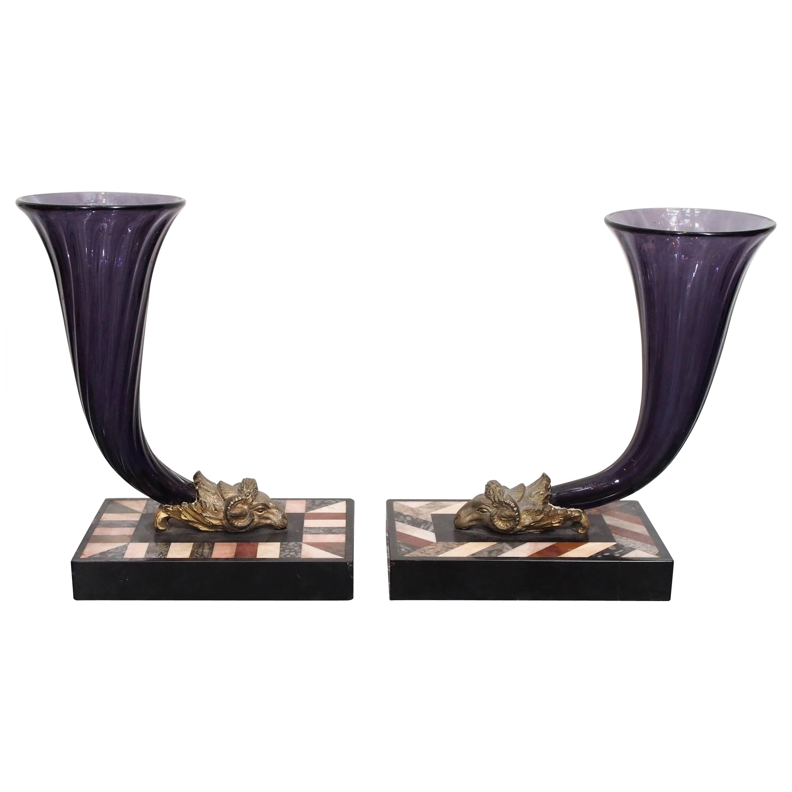 Pair of Amethyst Glass Cornucopia Vases For Sale