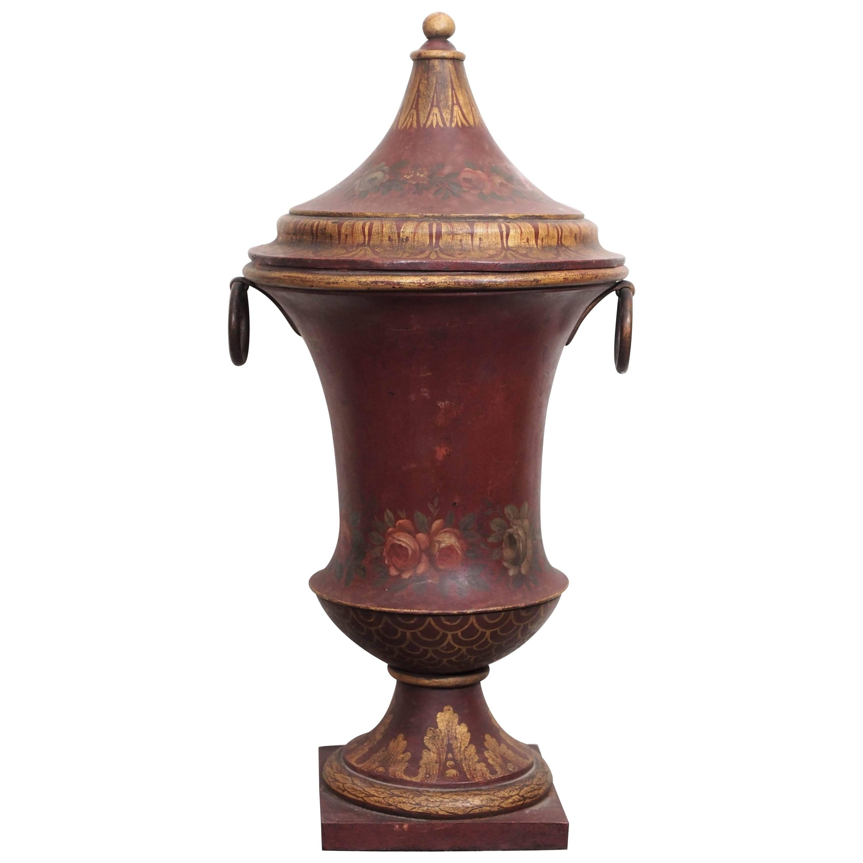 French Painted Tole Covered Urn For Sale