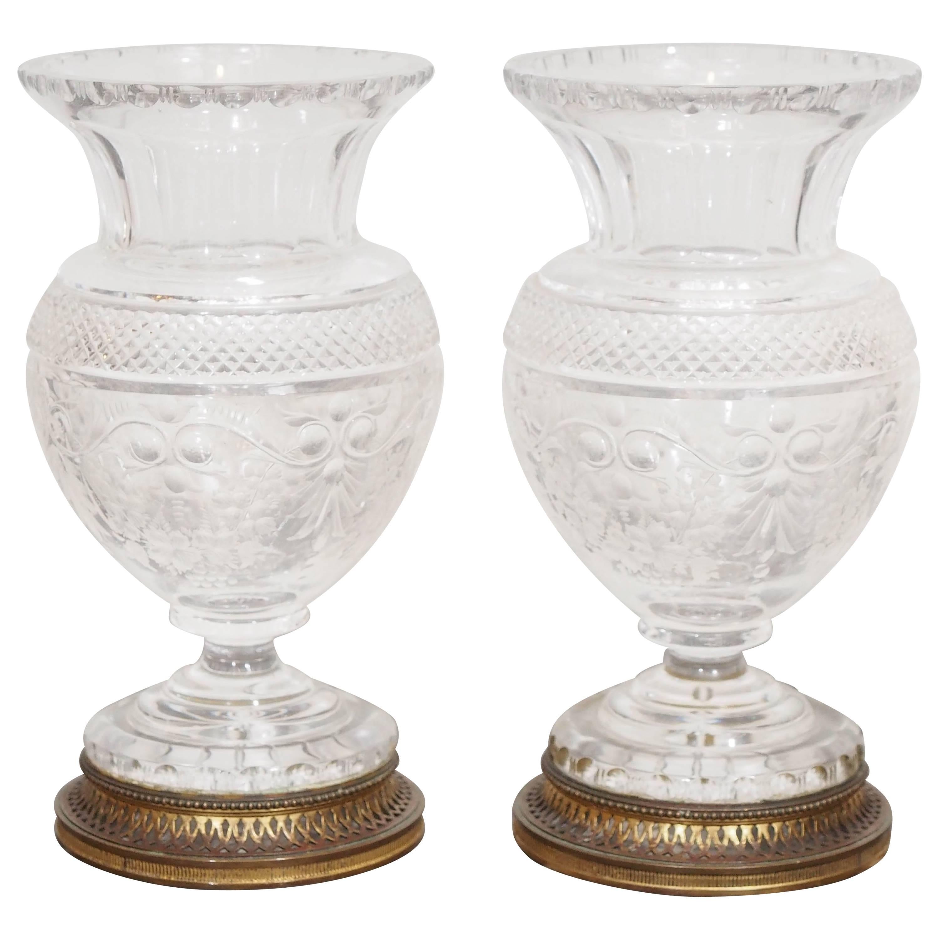 Pair of French Baccarat Cut-Glass Vases with Bronze Mounts