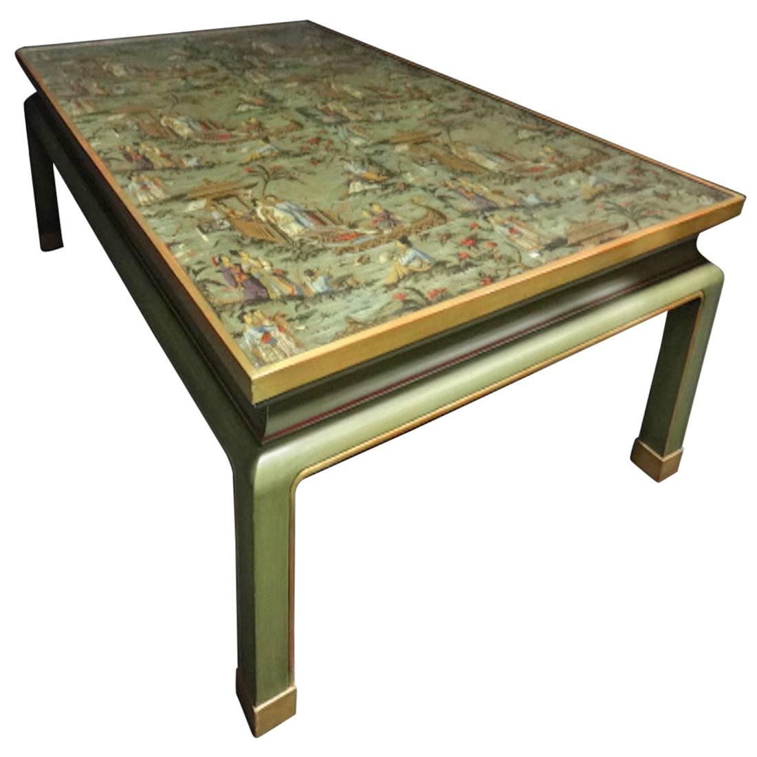 Outstanding  Painted Coffee Table with C19th  Antique Chinese Screen For Sale