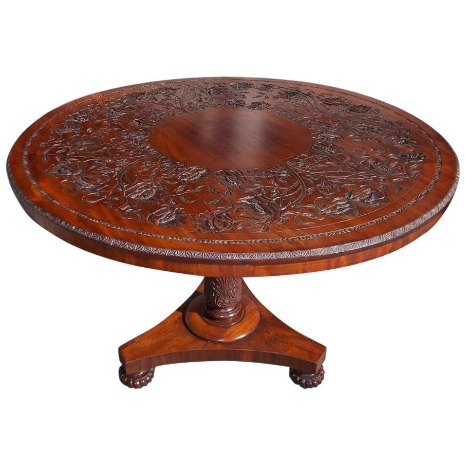 English Mahogany Decorative Carved Hibiscus Centre Table, Circa 1815 For Sale