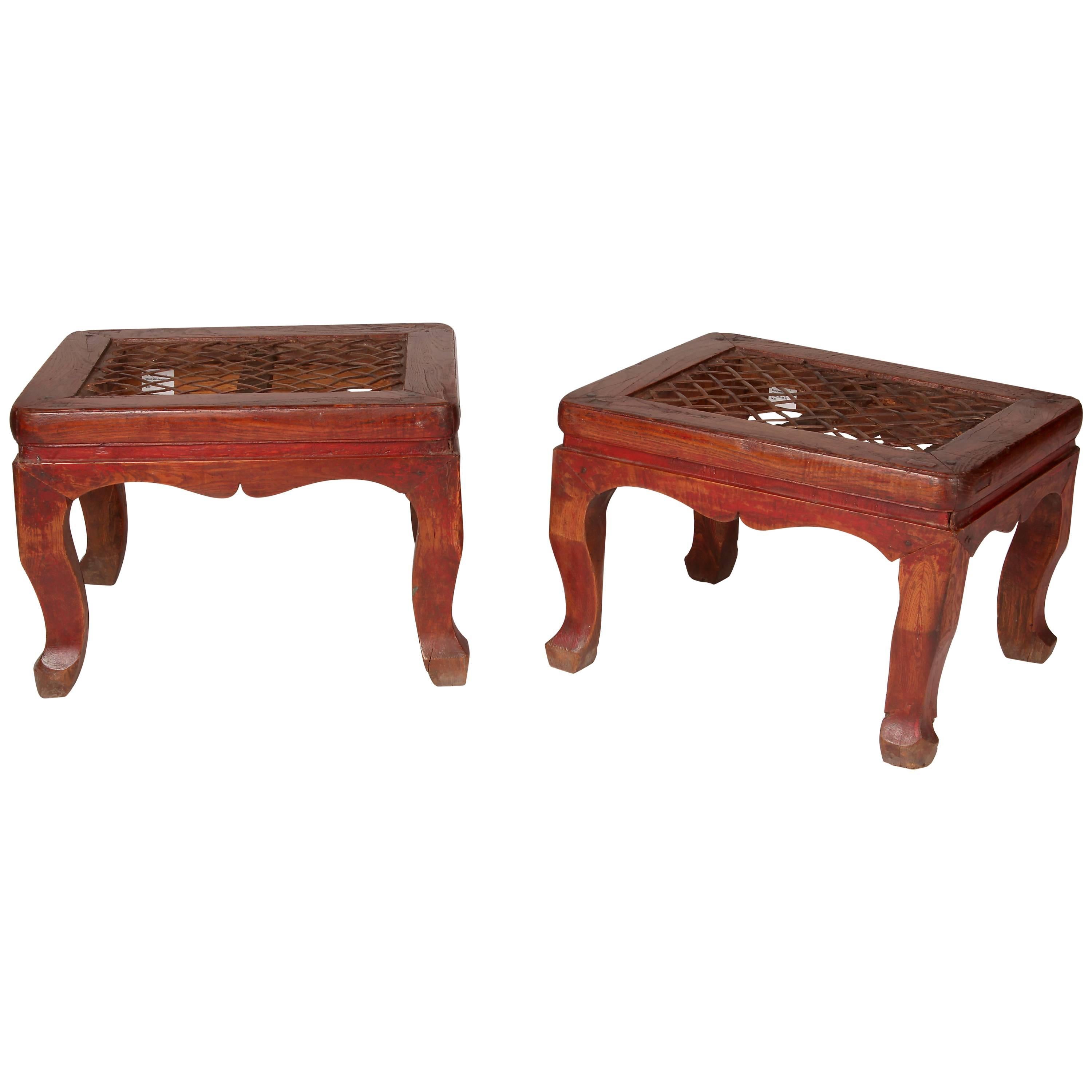Chinese Rectangular Stools with Woven Seat and Cabriole Legs