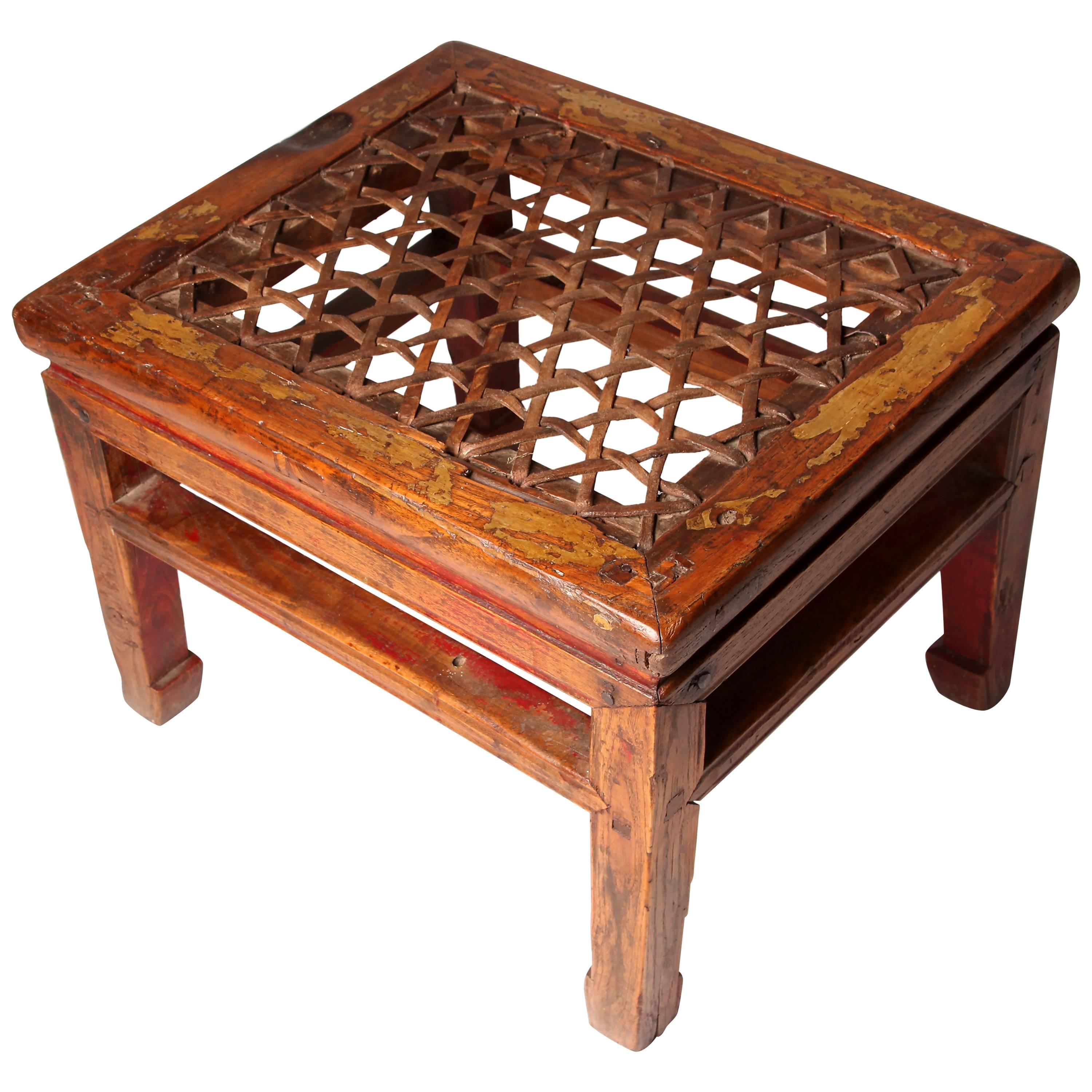 Chinese Rectangular Stool with Woven Seat and Horse-Hoof Feet
