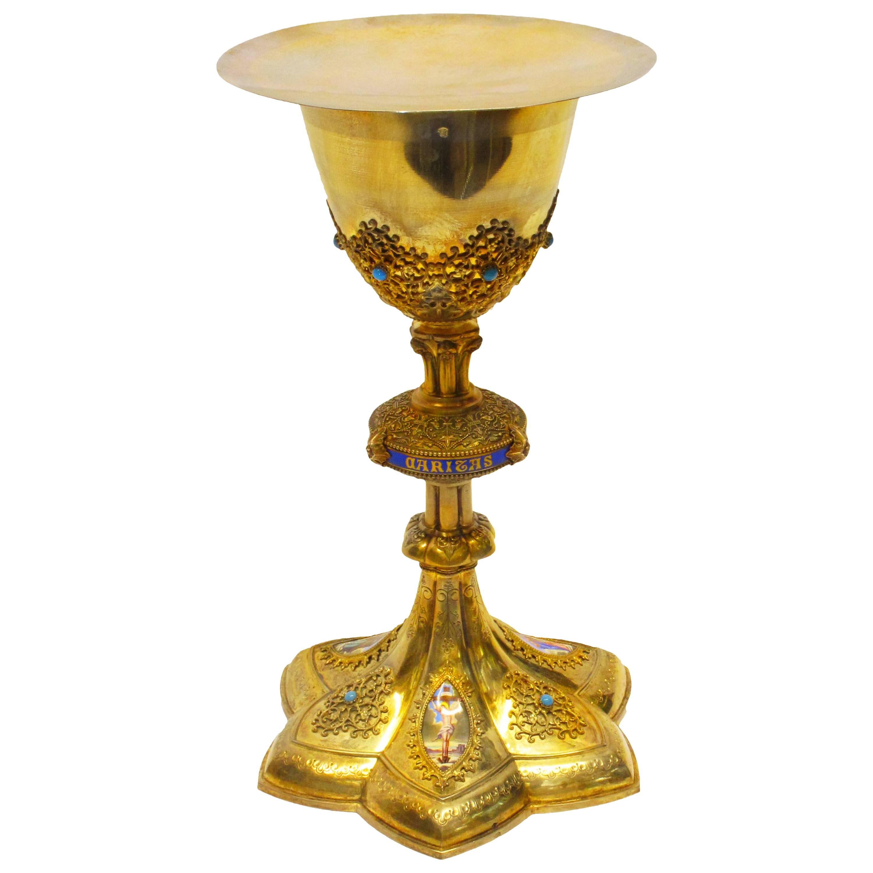 19th Century French Gilt Silver, Enamel, and Turquoise Chalice and Paten For Sale