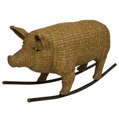 Vintage Wicker Rocking Pig by Mario Lopez Torres