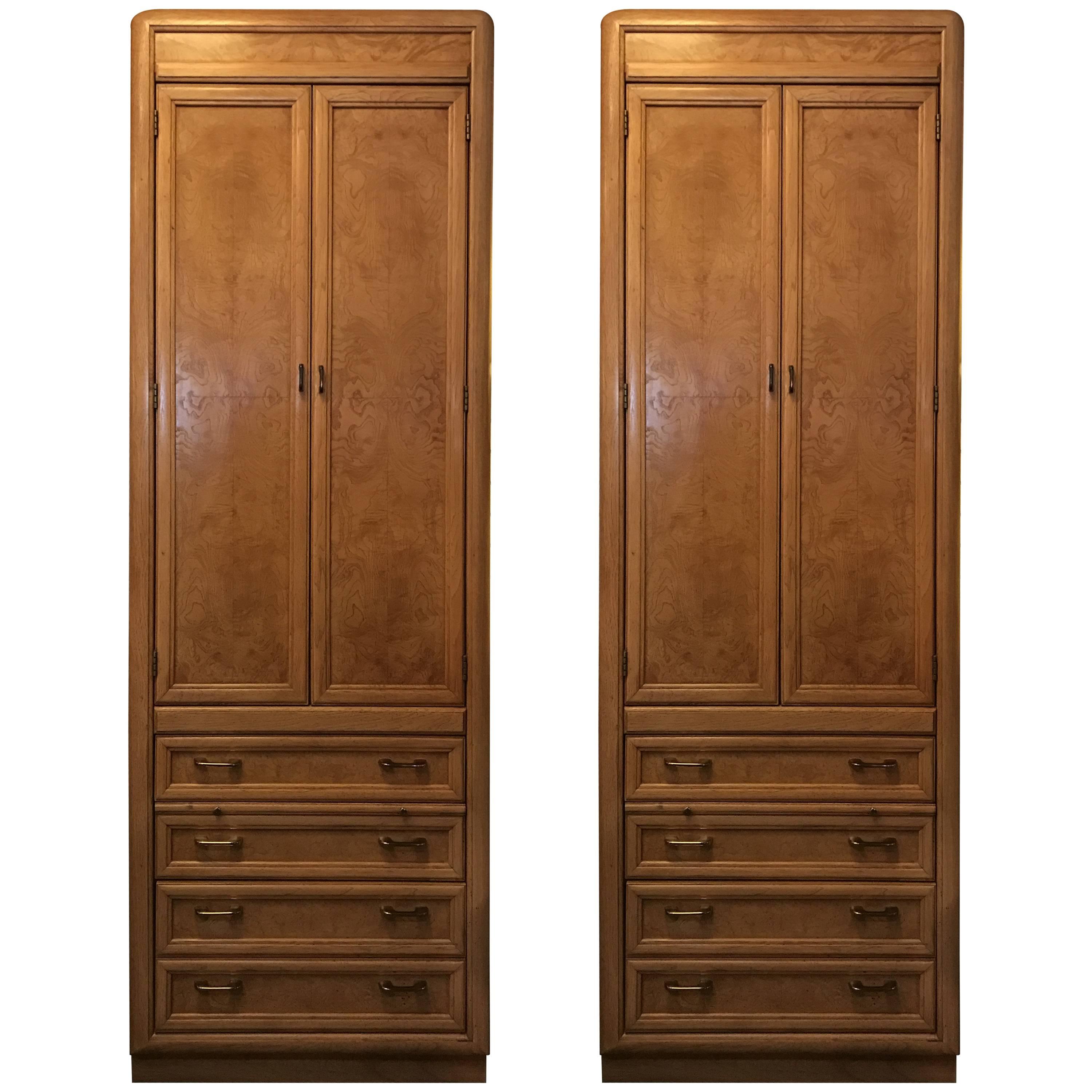 Rare Pair of High and Narrow Bird's-Eye Maple Cabinets by Thomasville