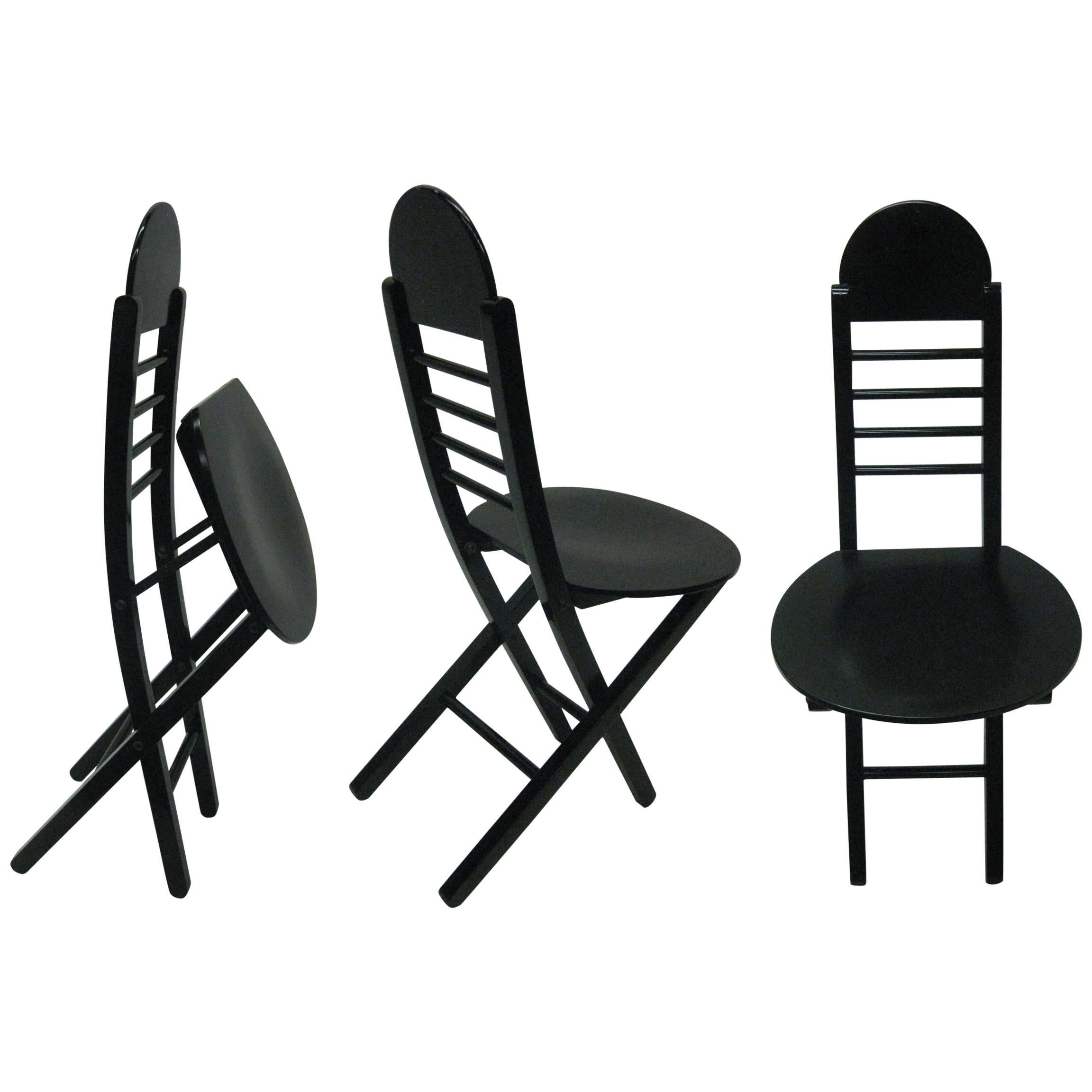 Set of Three Black Lacquer Folding Italian Chairs, 1970s