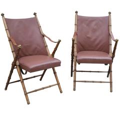 Pair of Maison Jansen Walnut Campaign Chairs