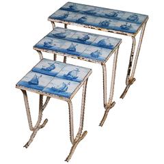 Vintage Set of Three Delft and Wrought Iron Nesting Blue and White Tables from Holland