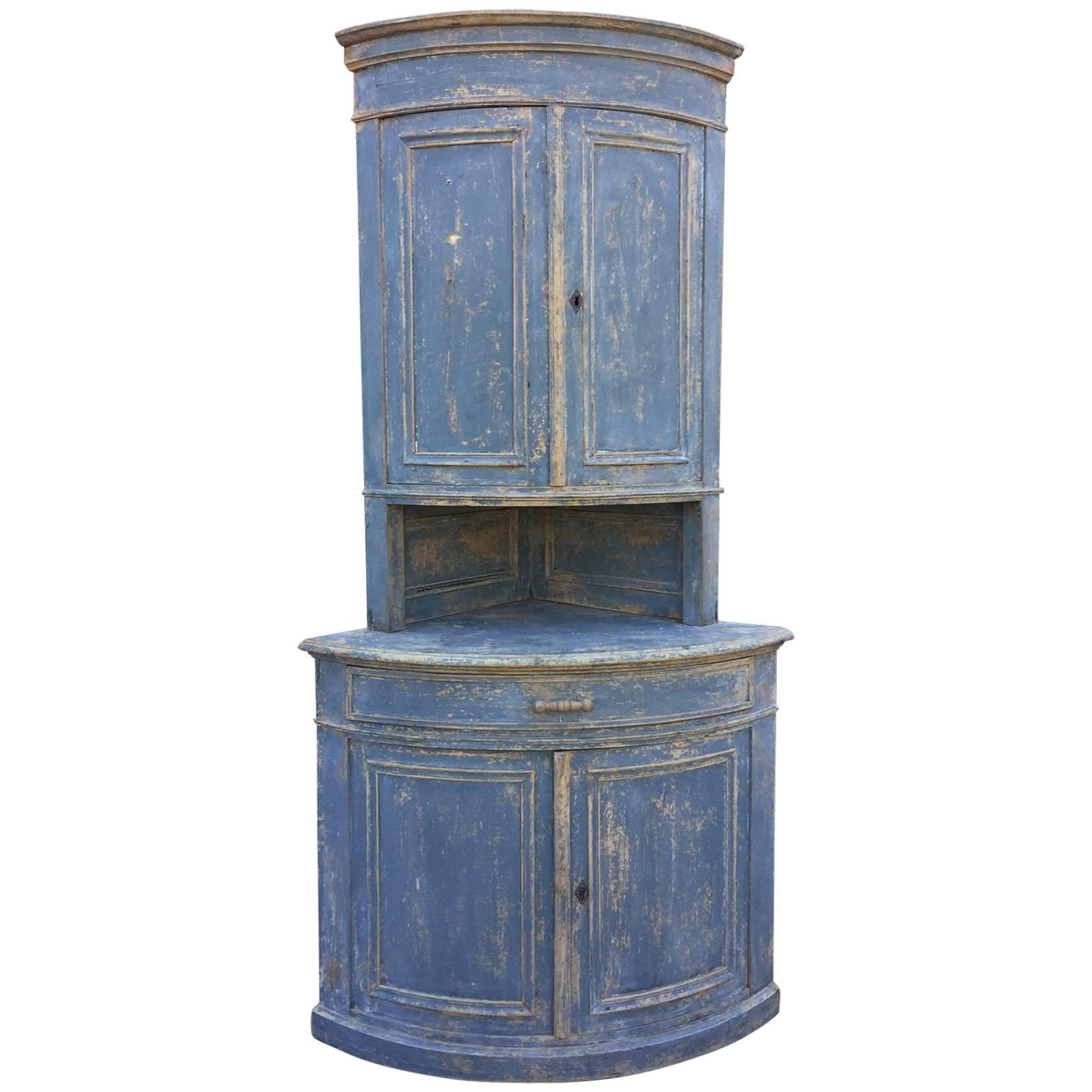 Swedish Blue Bow Front Corner Cupboard, circa 1890