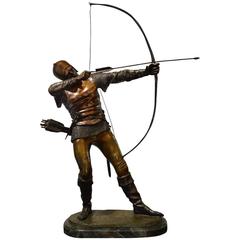 Large Signed Bronze of an Archer on a Marble Base