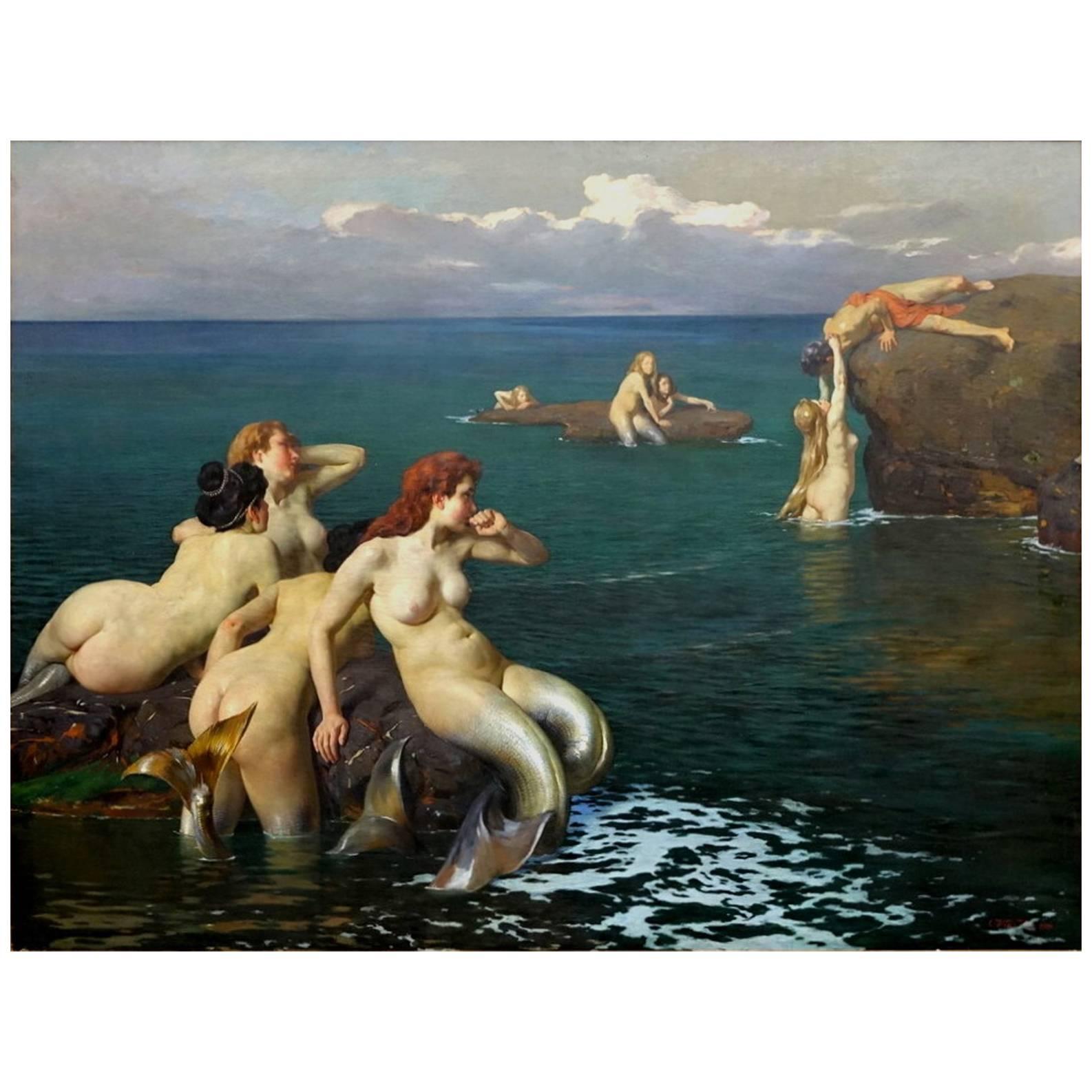 Masterpiece of Symbolist, Mermaids "Le Sirene" 1901 Cesare Viazzi Oil on Canvas For Sale