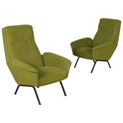 Two Armchairs Foam Padding Fabric Upholstery Metal Legs Vintage, Italy, 1960s