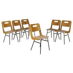 Group Six Chairs Ash Veneer Skai Leatherette Metal Vintage, Italy, 1950s