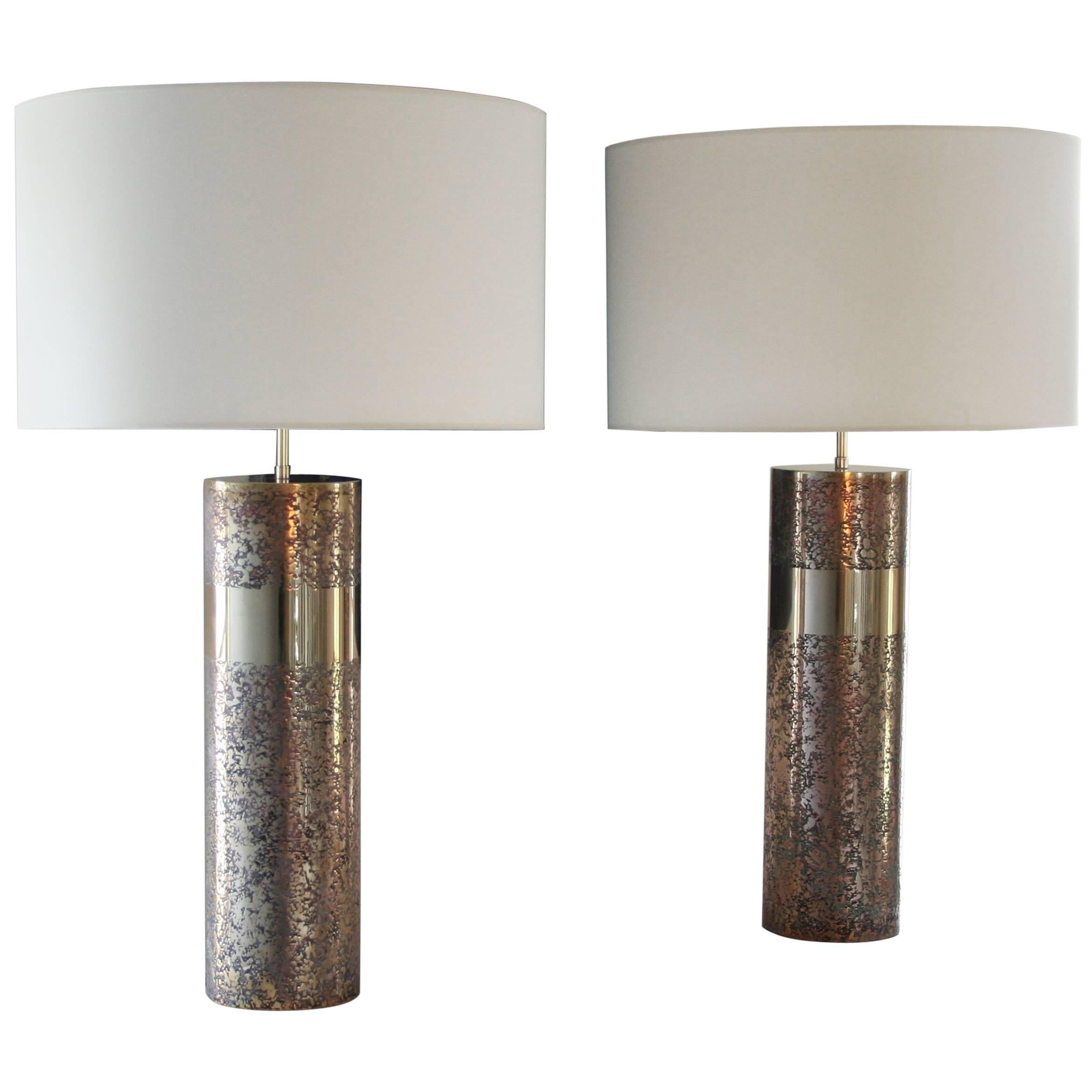 Round Etched Brass Table Lamp patinated, Model Aban by Arriau For Sale