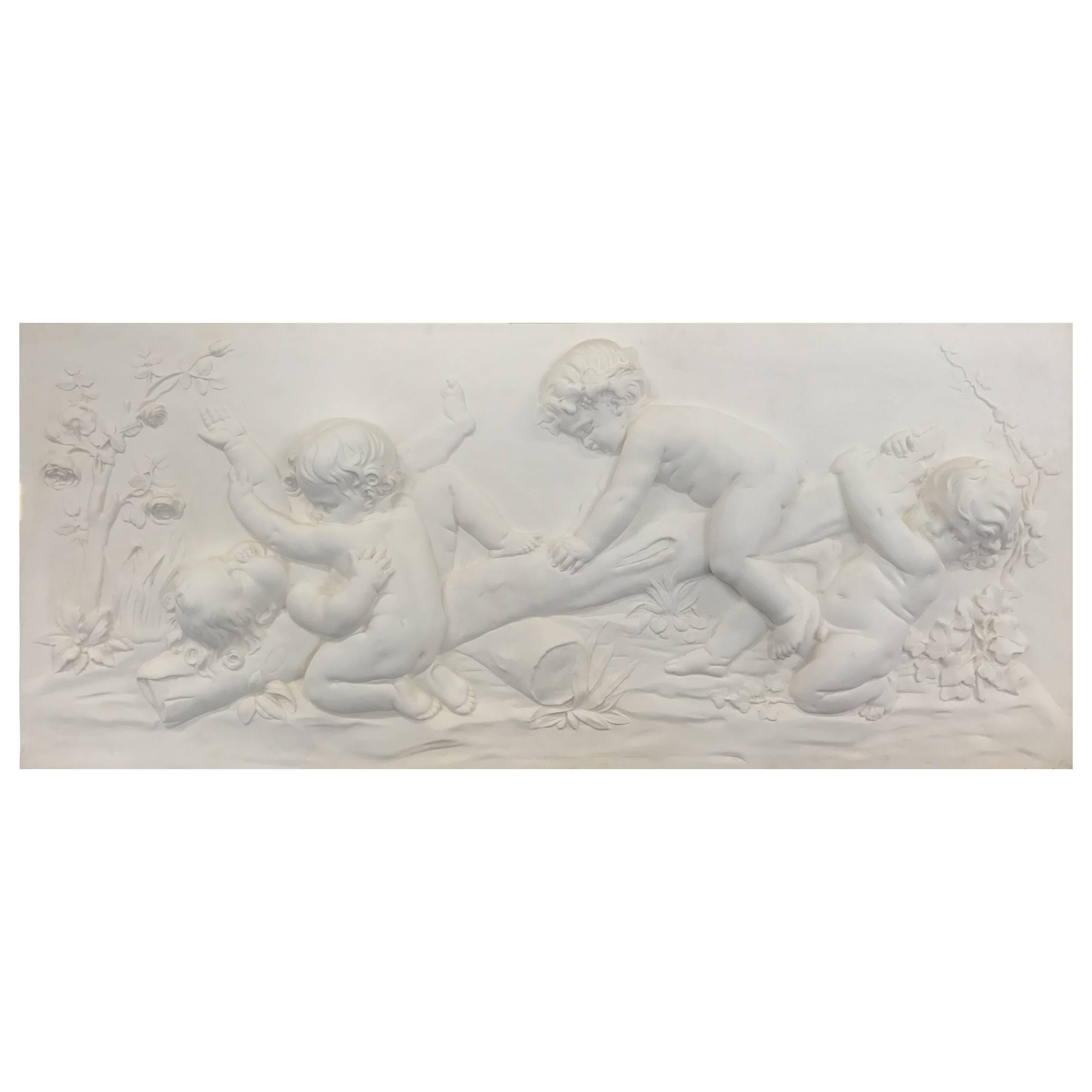 Bas Relief In Plaster Children playing on a swing For Sale