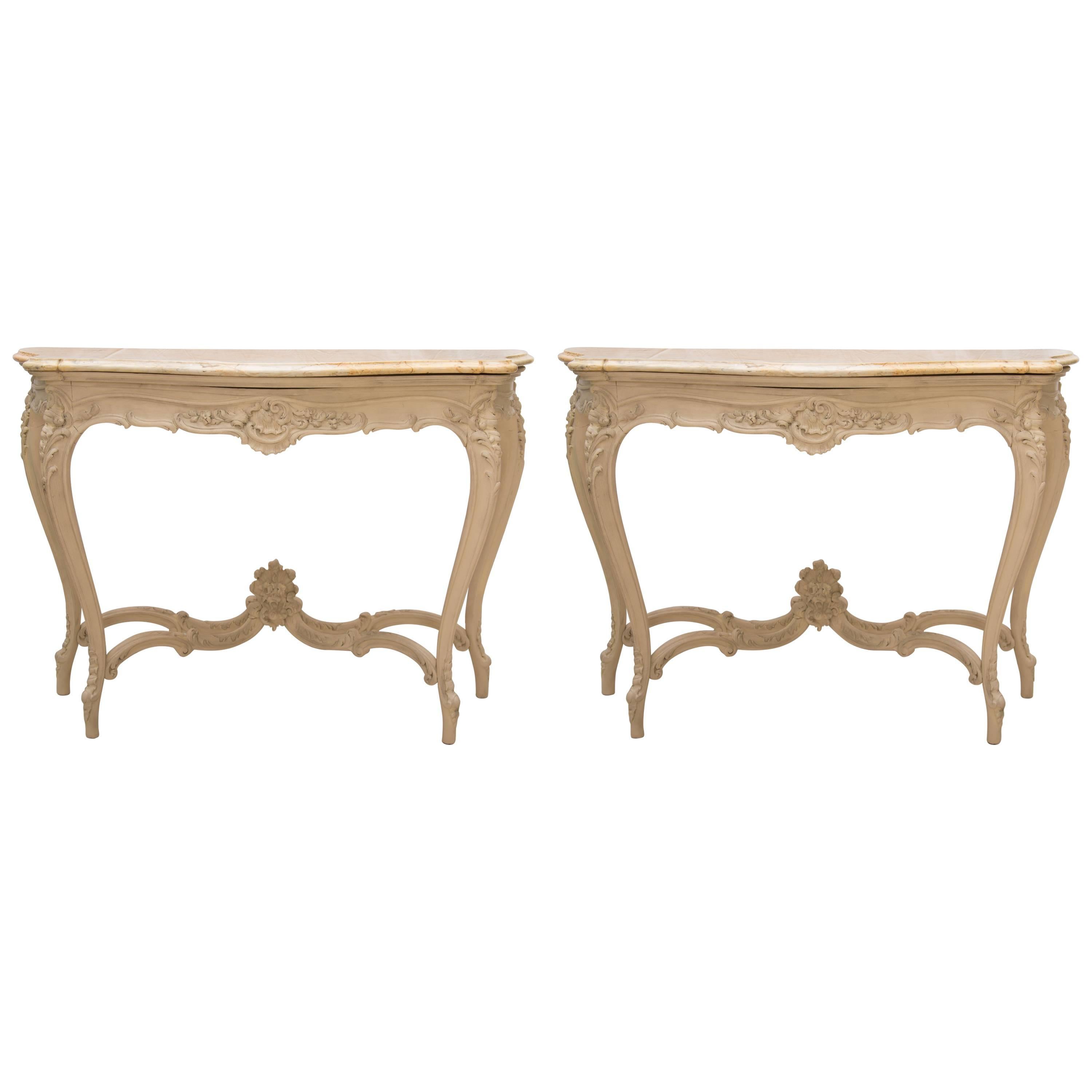 Pair of 19th Century Cream-Painted Beechwood Console with Siena Marble Tops