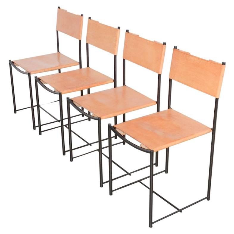Set of Four Natural Leather Spaghetti Chairs by G. Belotti for Alias