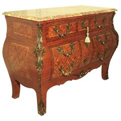 Large Louis XV Bombe Commode, French Inlaid Marble Top Chest of Drawers