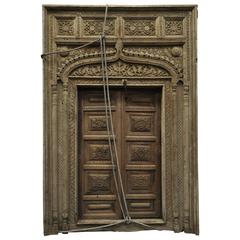 Antique Indian Carved Wood Door and Window Frame, Period 19th Century