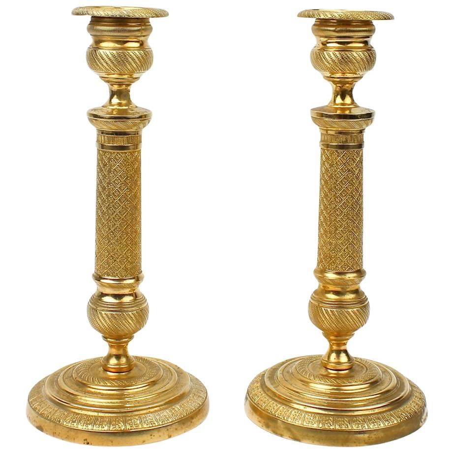 Pair of Finely Cast Dore Gilt Bronze French Empire Style Candlesticks