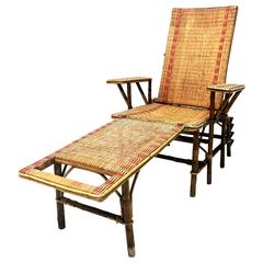 Antique French Wicker and Bamboo Chaise Longue with Footrest, 1920s