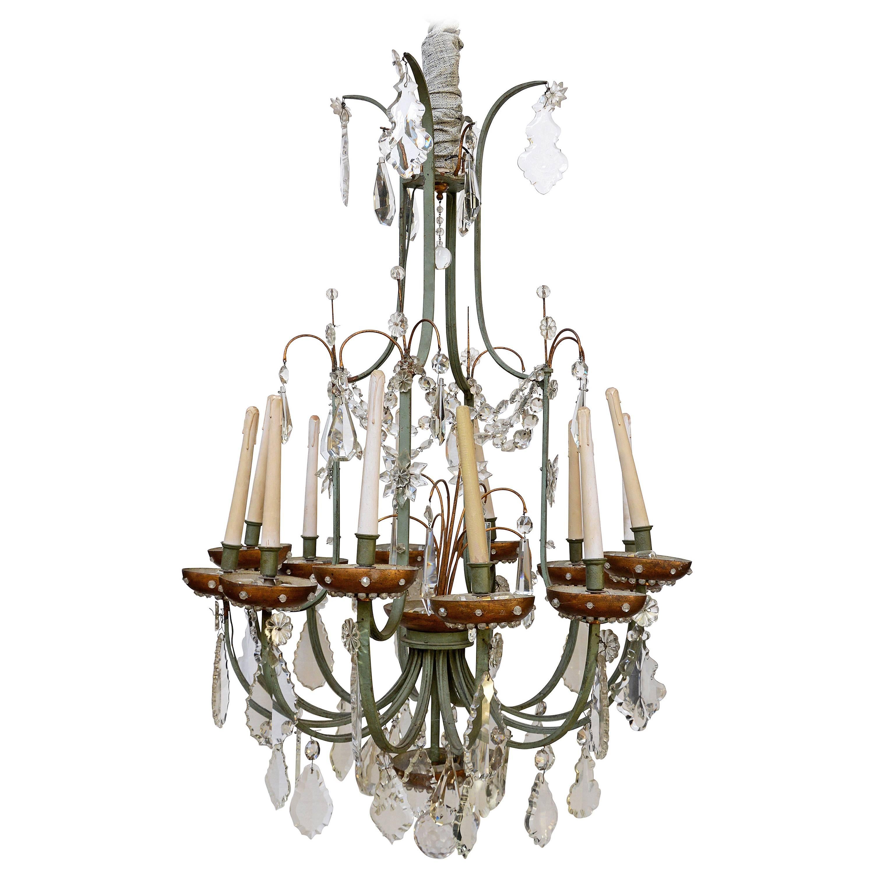 Louis XV Style Wrought Iron Candelabra with Crystal Pendants, 20th Century For Sale