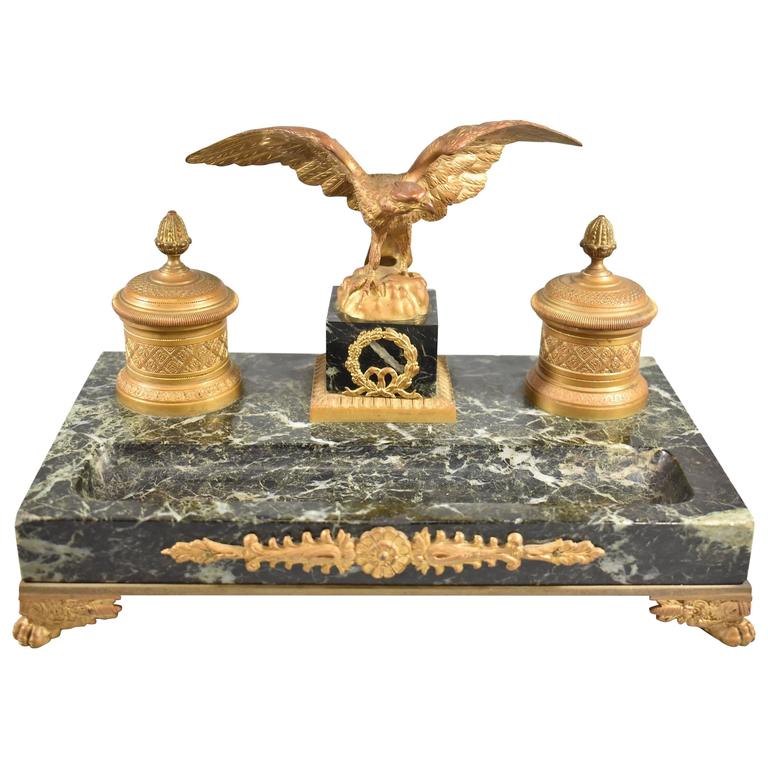 19th Century French Gilt Bronze and Marble Inkwell with Eagle at 1stdibs