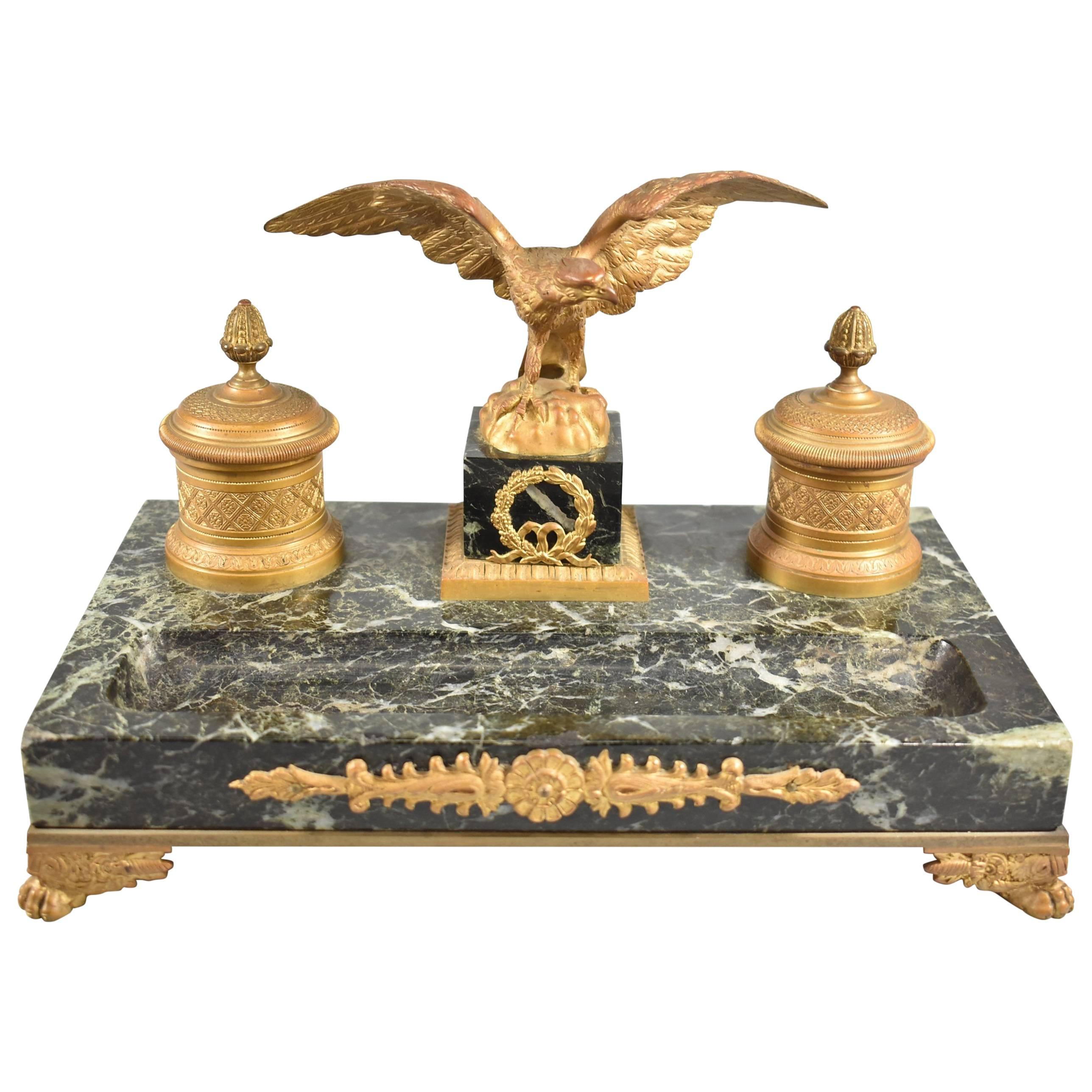 19th Century French Gilt Bronze and Marble Inkwell with Eagle