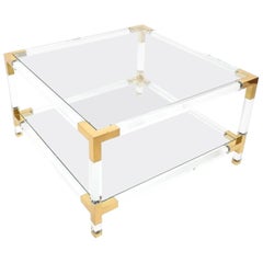 Large Maison Jansen Lucite and Brass Coffee or Cocktail Table