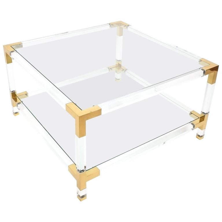 Large Maison Jansen Lucite and Brass Coffee or Cocktail Table