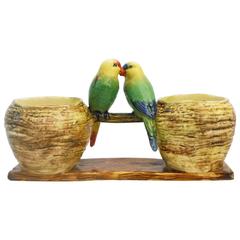 19th Majolica lovebirds parakeets double vases delphin Massier