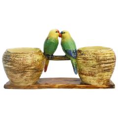 19th Majolica lovebirds parakeets double vases delphin Massier