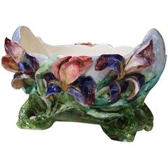 19th Century French Hand Painted Faience Barbotine Cache Pot with Floral Decor