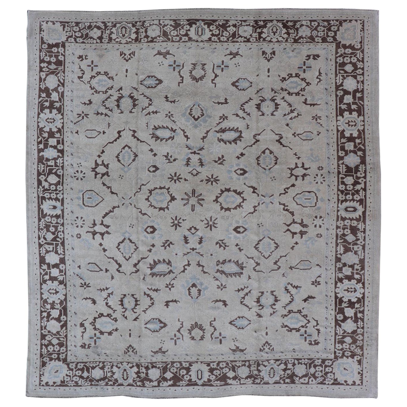 Square Shaped Vintage Turkish Oushak Rug with Brown, Lt. Blue and Cream Tones For Sale