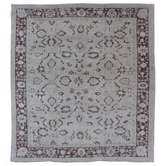 Square Shaped Vintage Turkish Oushak Rug with Brown, Lt. Blue and Cream Tones