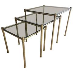 Set of Three Brass and Fumè Glass Nesting Tables, circa 1960 8