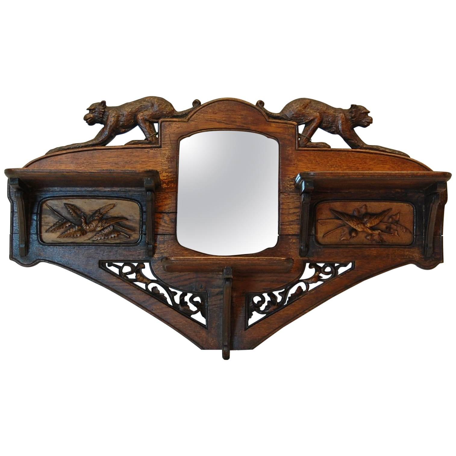 Carved Oakwood Wall-Mounted Shaving Mirror with Flip-Up Shelves, circa 1890