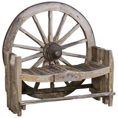 Antique French Wagon Wheel Large Garden Bench, circa 1880