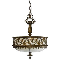 Antique Gothic Revival Hammered Finish Bronze and Slag Glass Three Socket Chandelier