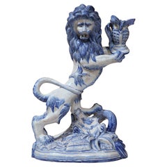 19th Century French Faience Lion Sculpture Candleholder Attributed to E. Galle