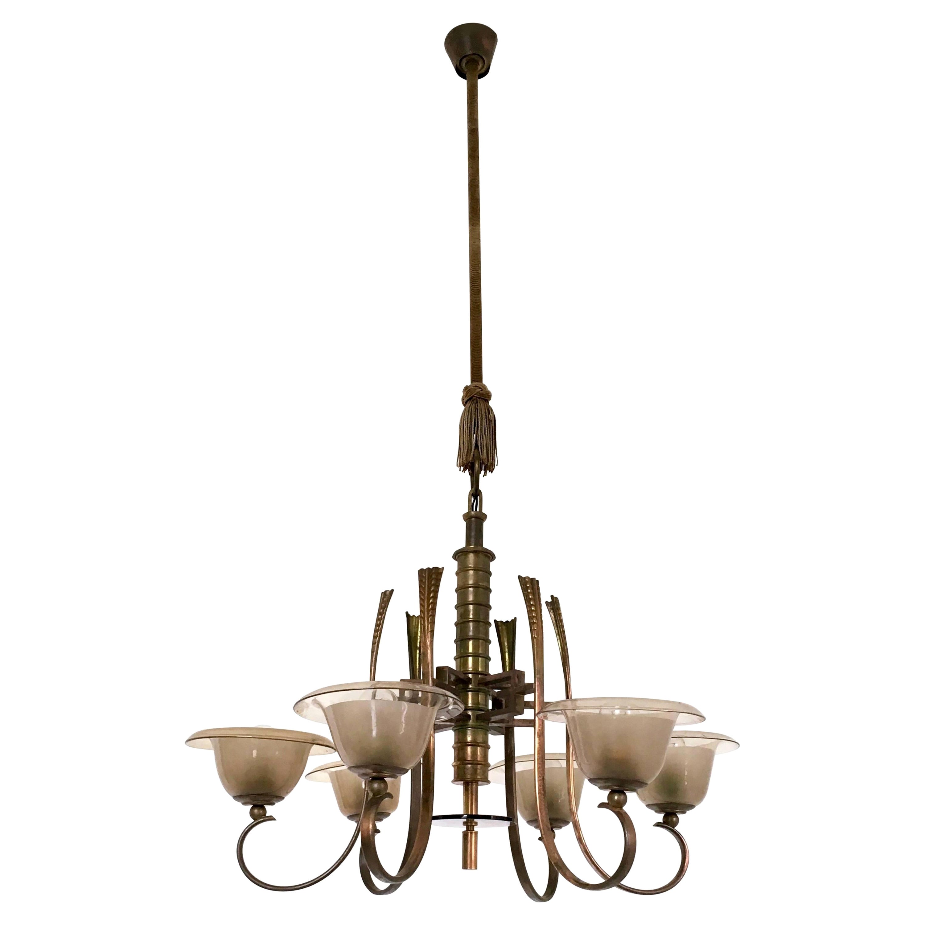 Vintage Six-Arm Brass and Blown Glass Chandelier Ascribable to Paolo Buffa For Sale