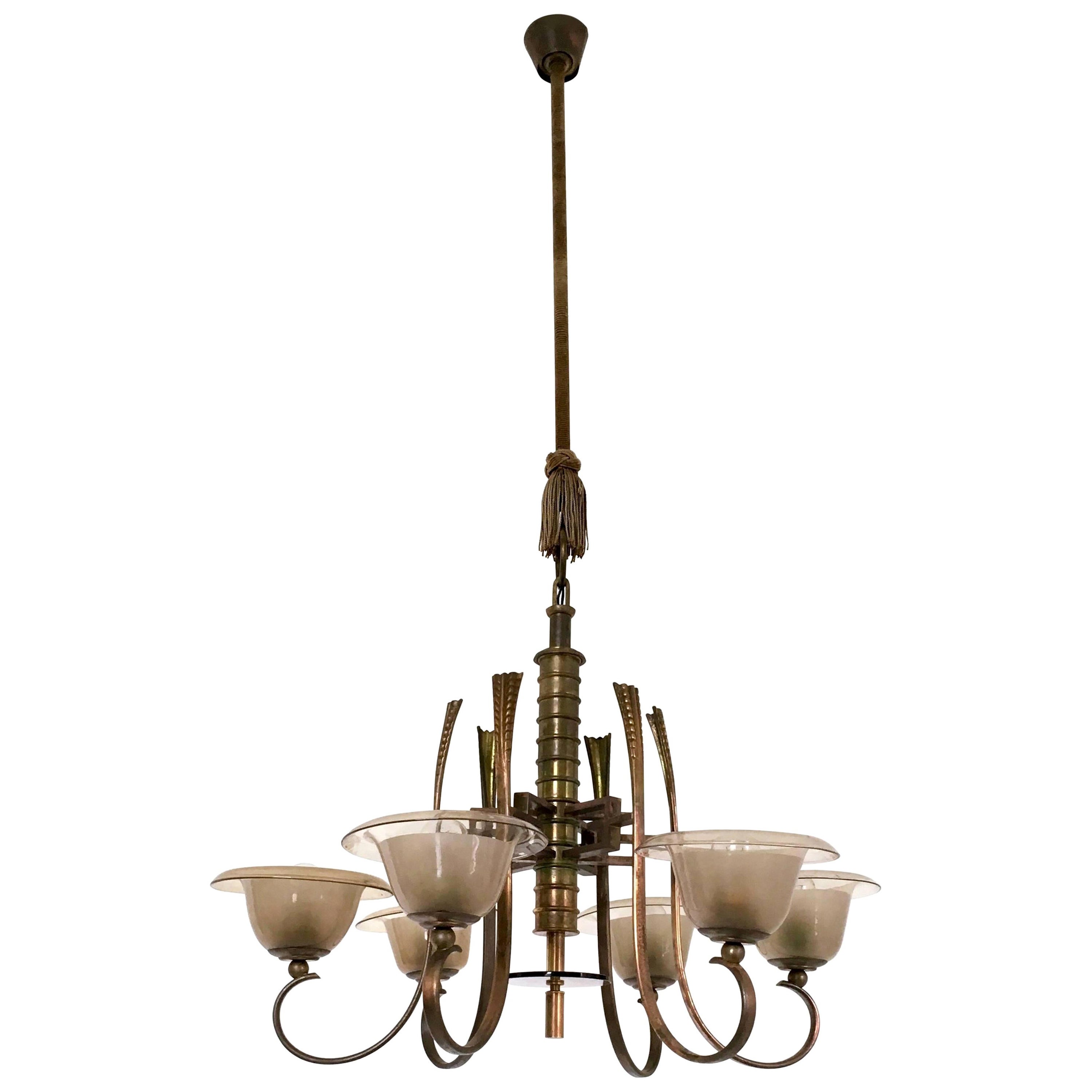 Vintage Six-Arm Brass and Brown Blown Glass Chandelier Attr. to Paolo Buffa For Sale