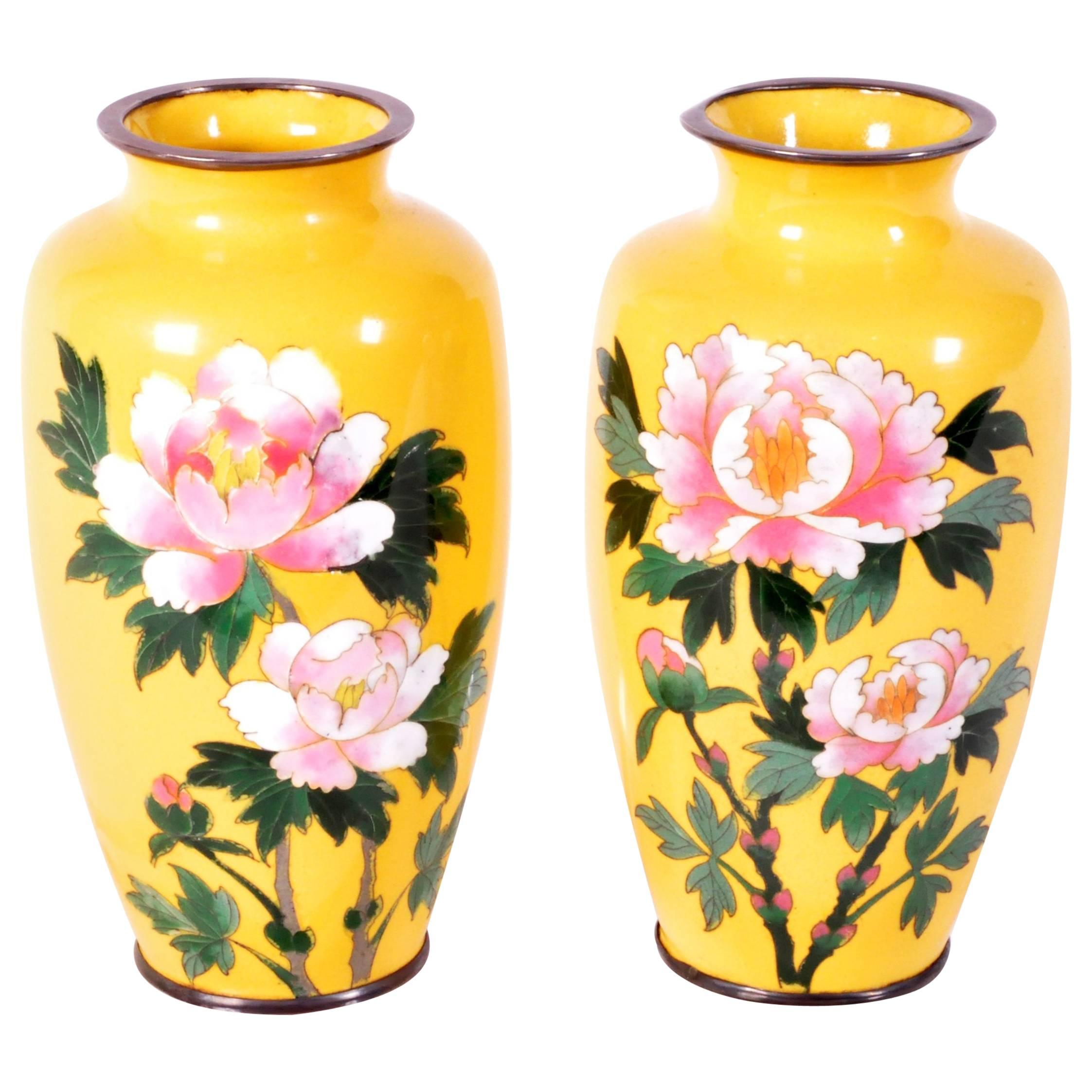 Pair of Japanese Cloisonné Vases with Peony Motif