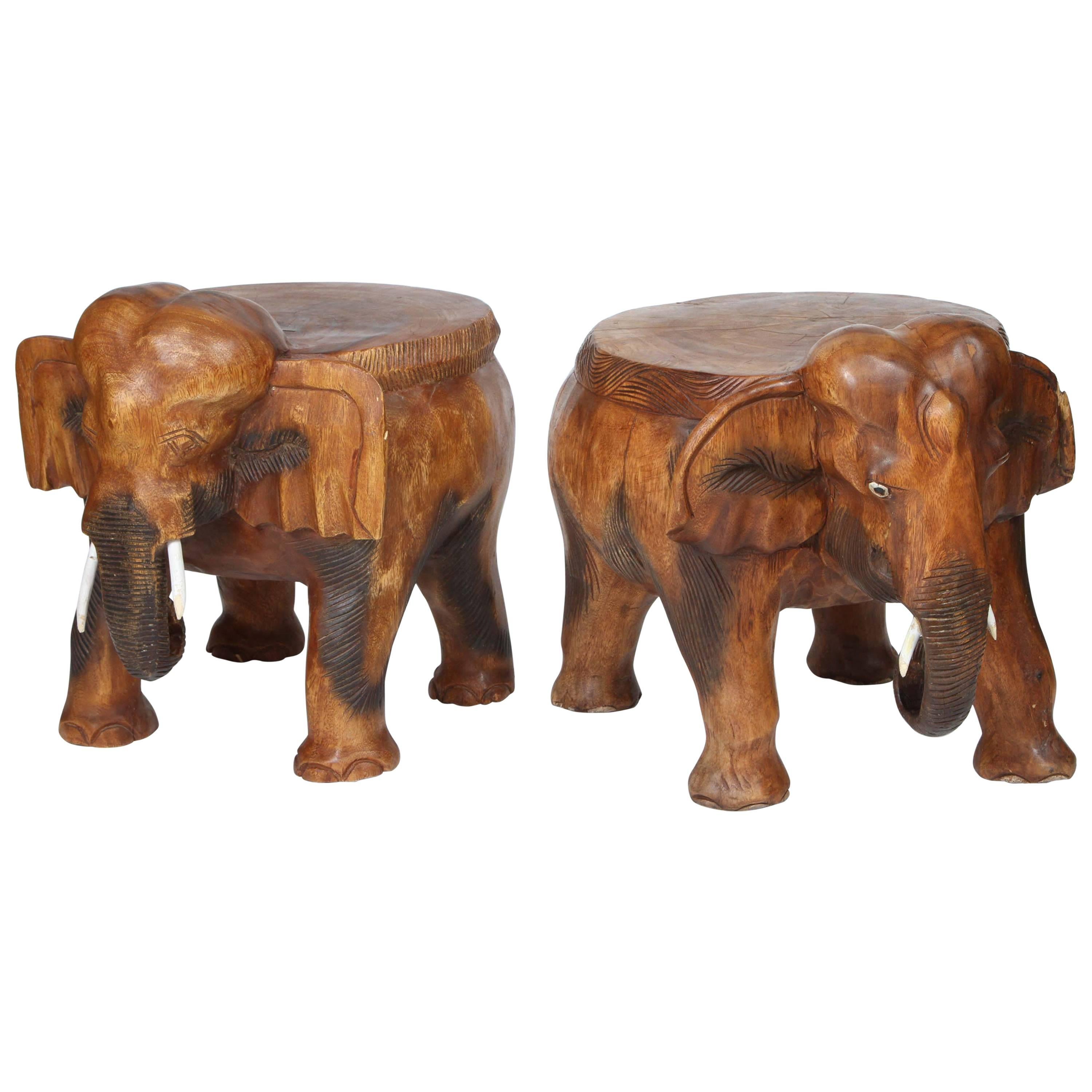 Pair of Vintage Carved Wood Elephant Stools