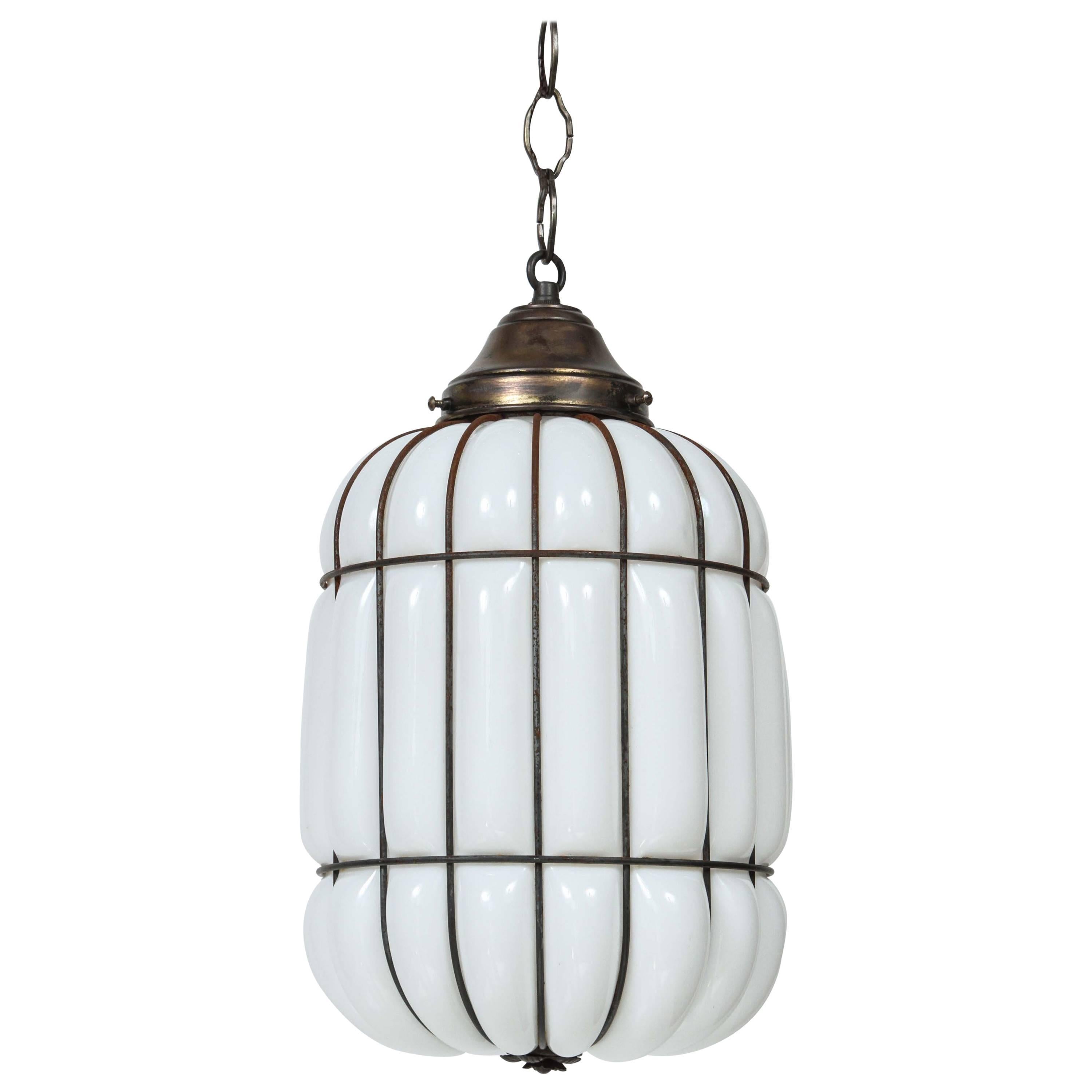 Art Deco Caged Milk Glass and Iron Pendant Light