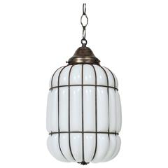 Art Deco Caged Milk Glass and Iron Pendant Light